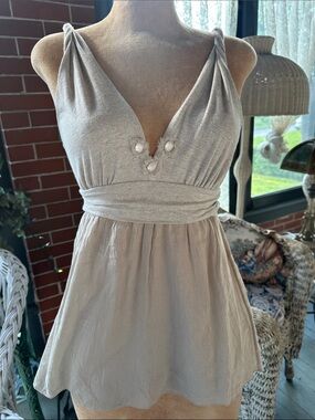 Velvet Taupe Beige V-Neck Tank Top with Gathered Straps